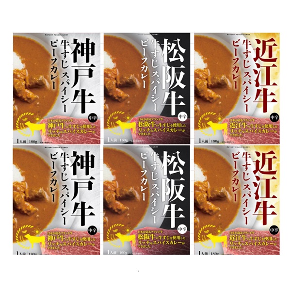 三大和牛 神戸牛・松阪牛・近江牛 牛すじスパイシービーフカレー6食セット